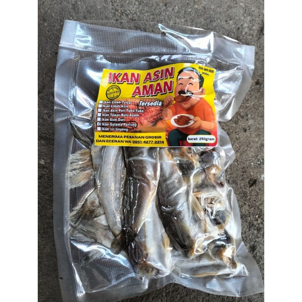 

ikan asin gelamo puntung, samge bulat, atau samge bulat potong kepala. vakum sale 250gram