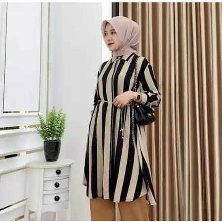 Tunik Motif Salur atasan wanita corak garis garis lengan panjang kekinian