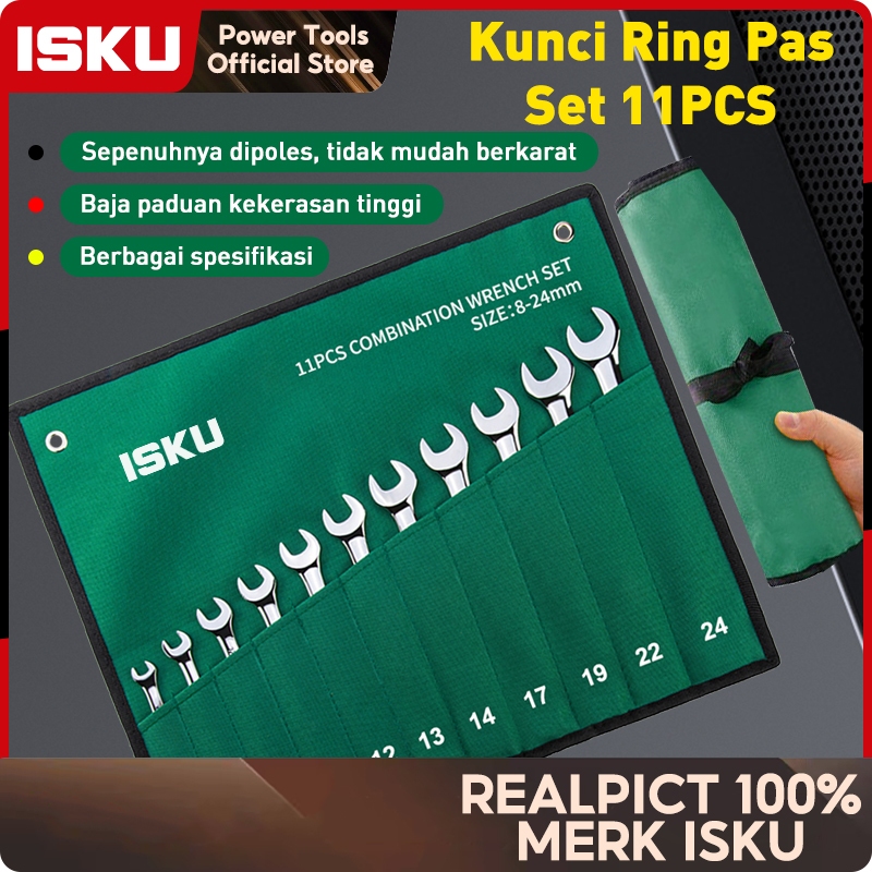 ISKU Kunci Ring Pas Set 11 Pcs 8-24mm Kunci Kombinasi Bengkel Motor Mobil Baja Krom Matt Anti Karat 