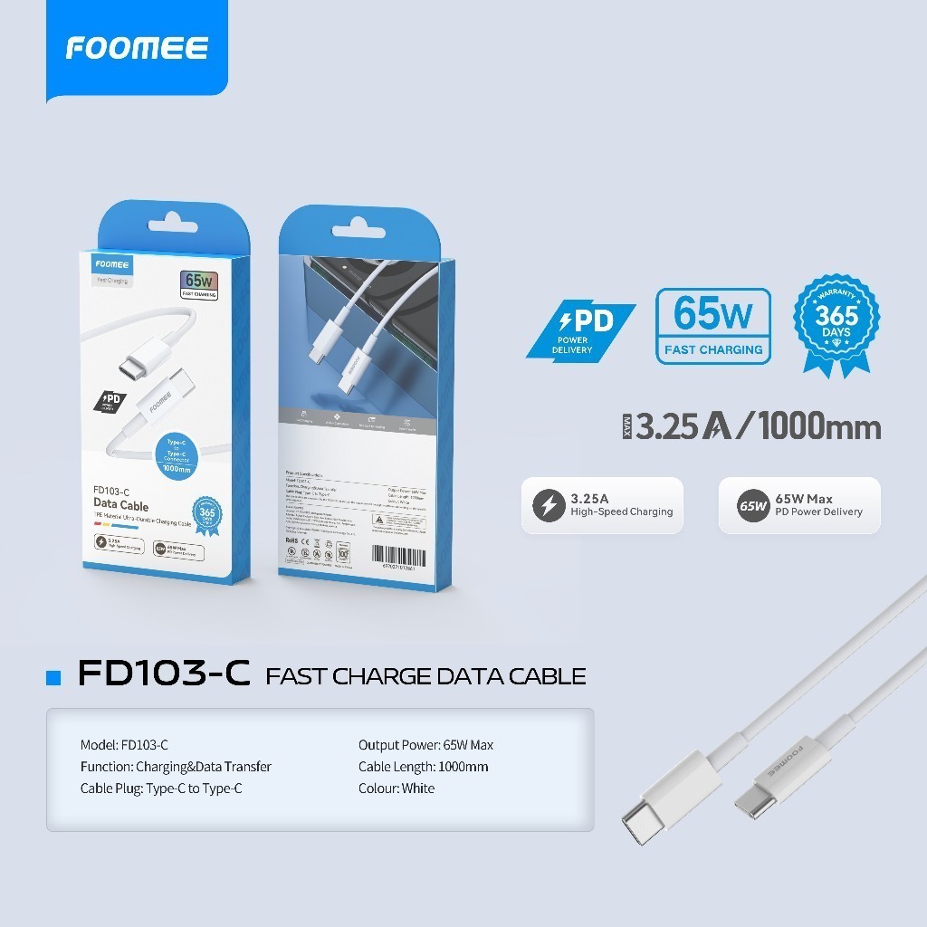 Foomee Kabel Data Type-C To Type-C / C To L  FD103-C 3.25A / FD103-L  3.25A PD65W Fast Charging 1M