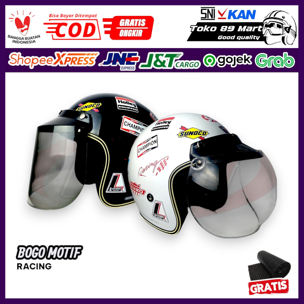 Helm Bogo Motif Stiker Racing SNI BIVI Retro Half Face Pria Wanita Hijab