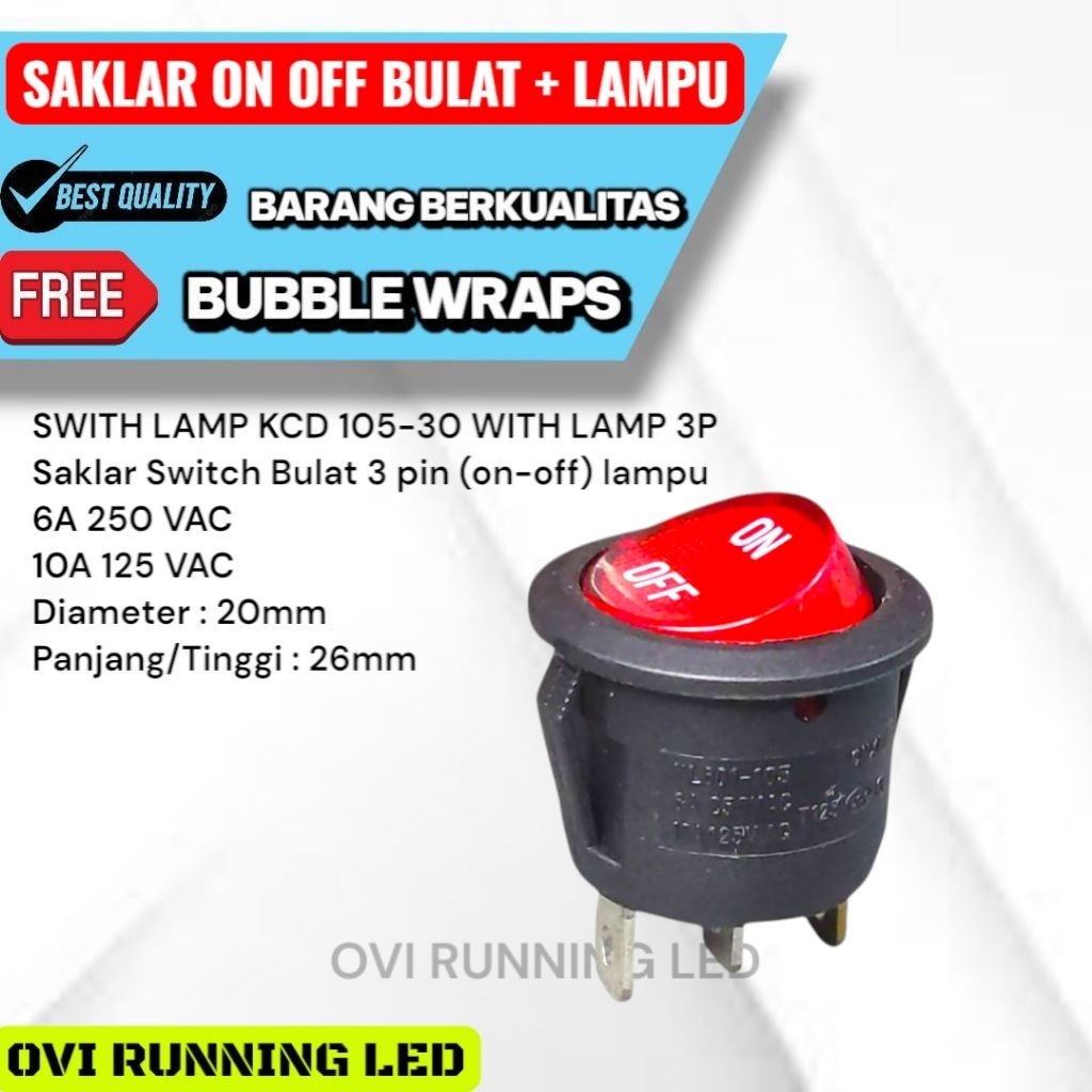 Saklar on off bulat lampu merah 3 Kaki/Saklar switch on off bulat + lampu merah Kualitas bagus