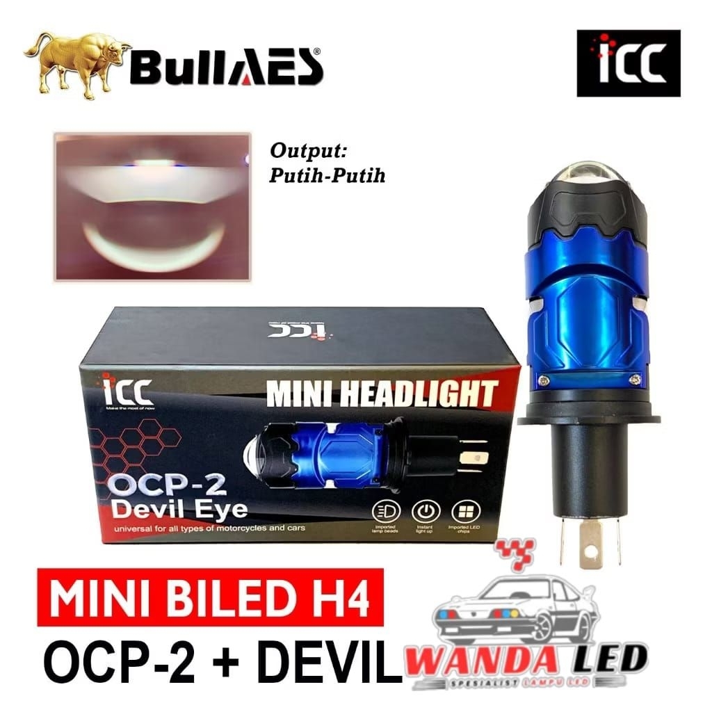 ICC BI-LED MINI LASER KUNING H4 OCP - 2 DEVIL EYE 55 WATT PUTIH - PUTIH UNTUK MOTOR DAN MOBIL - DEVI