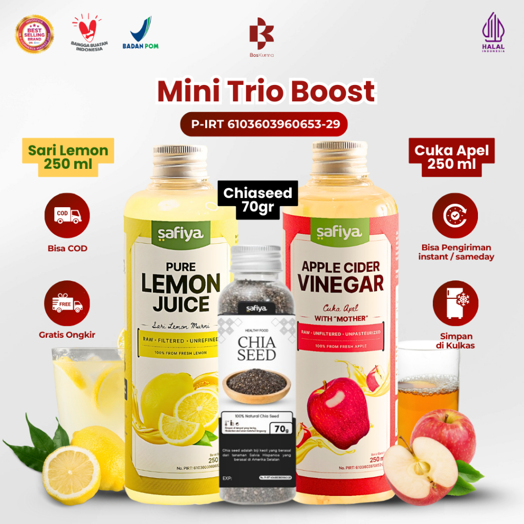 

[MINI Trio Boost] Cuka Apel 250 ml, Sari Lemon 250 ml, Chiaseed 70 gr SAFIYA