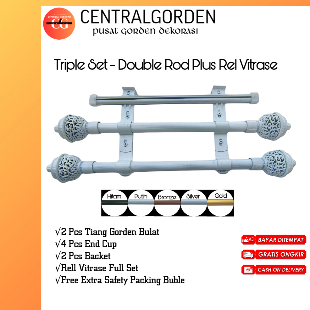 Batang Tiang Gorden Triple Set 2 Batang Bulat Gorden Vitrase Smokering Plus Rell Vitrase Full Set