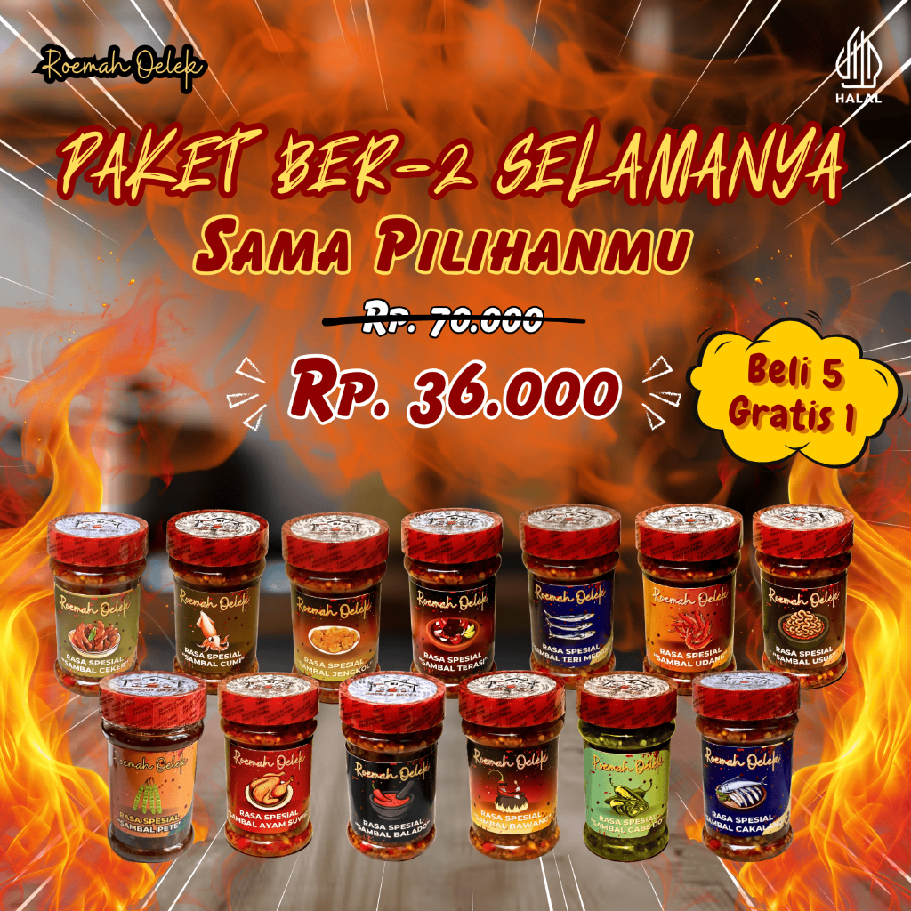 

[Paket Berdua] Sambal Botol 135g - Lauk Makan | Sambal Ayam Suwir | Sambal Balado | Sambal Bawang | Sambal Cabe Ijo | Sambal Cakalang | Sambal Ceker | Sambal Cumi | Sambal Mercon | Sambal Pete | Sambal Terasi | Sambal Teri | Sambal Udang | Sambal Usus