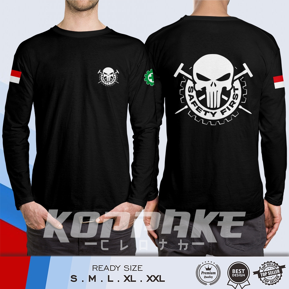 Kaos SAFETY FIRST Tojok Sawit Desain Tengkorak Petani Sawit Lengan Panjang Baju Distro