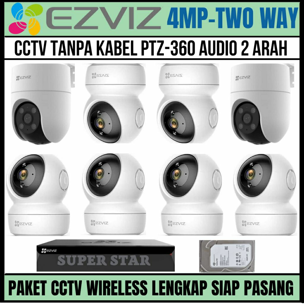 paket cctv ezviz wireless 4mp 8 channel 8 kamera audio 2 arah ip wifi tanpa kabel werles