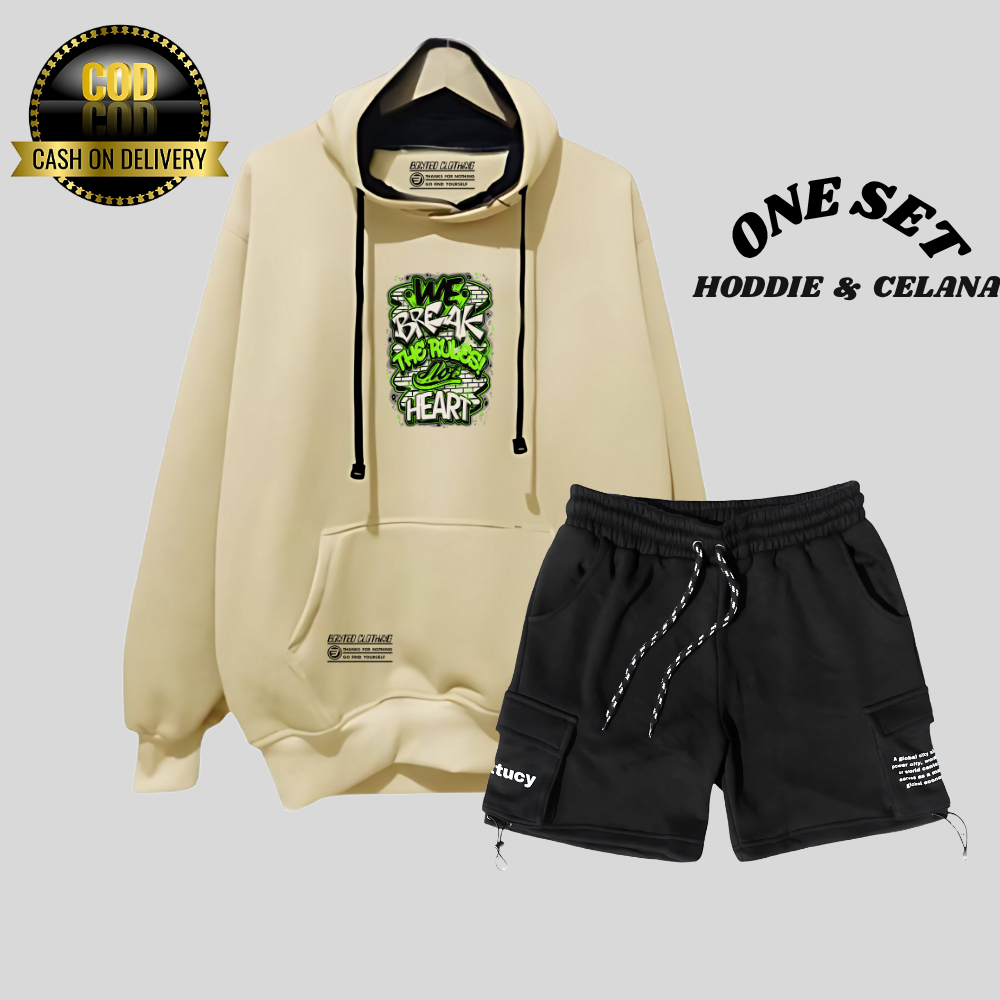 Oneset Hoodie Celana Pendek Pria Wanita Distro Stelan Sweater Celana Cargo Bahan Flece Brend Size M 