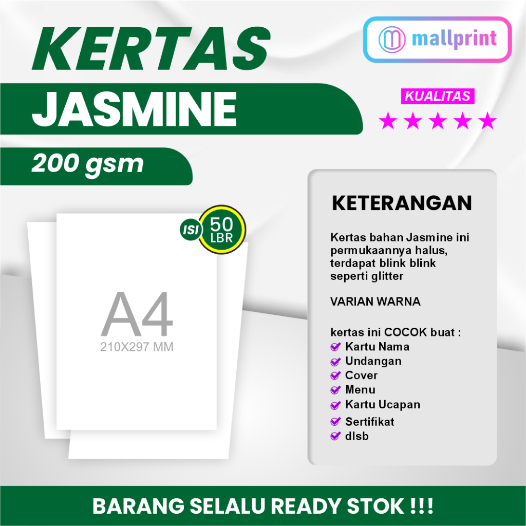 

Kertas Jasmine 200 gsm uk. A4 cocok untuk undangan, sertifikat dll (1 pak Isi 50 lbr)