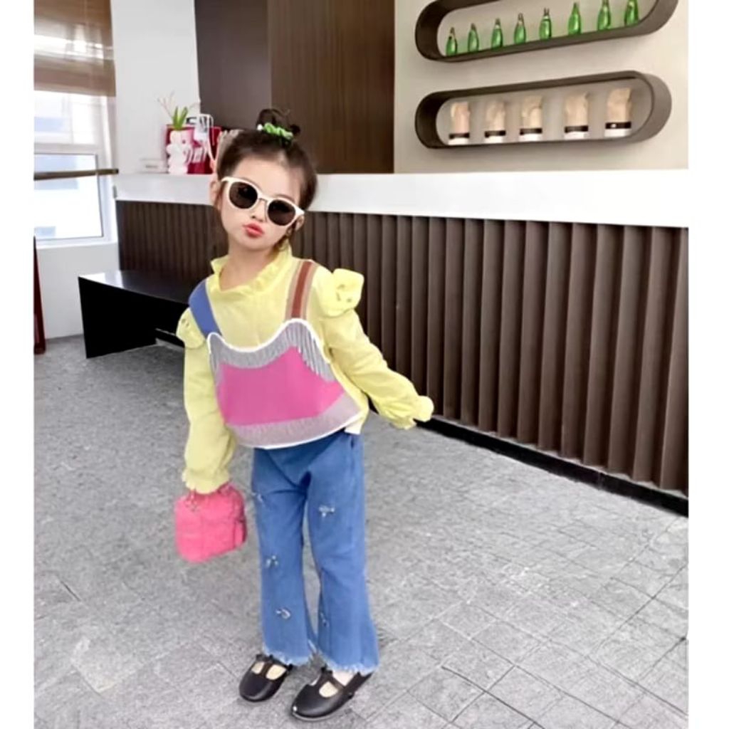 Setelan anak perempuan 1tahun - 4tahun setjins panjang putih kemeja jeans cutbray import