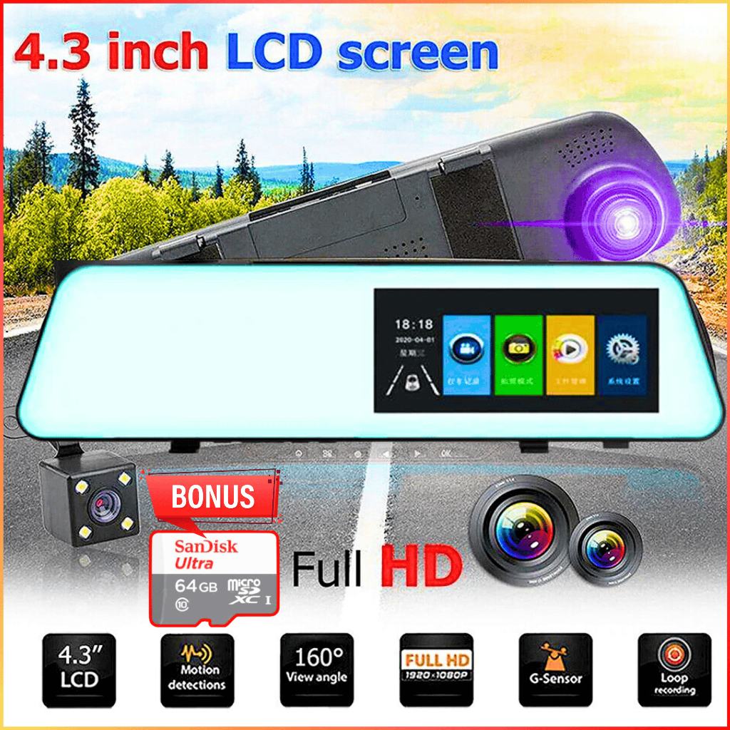 NEW COD Kamera Dashcam Mobil Depan Belakang DVR Kaca Spion 1080p IPS 4 Inch + Memori SD Card 64 GB