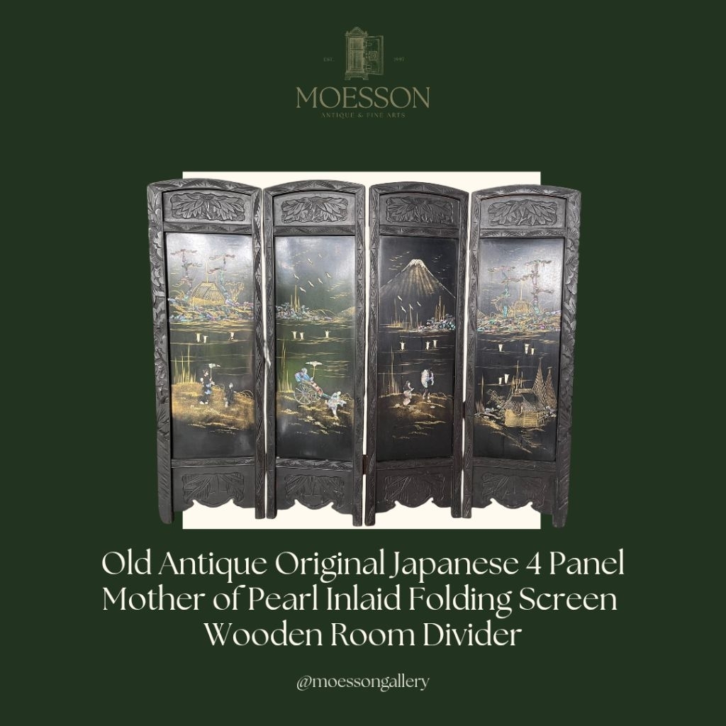 Sketsel Kayu Lipat Jepang 4 Panel Mother of Pearl Antik Original Lawas Jadul Tua