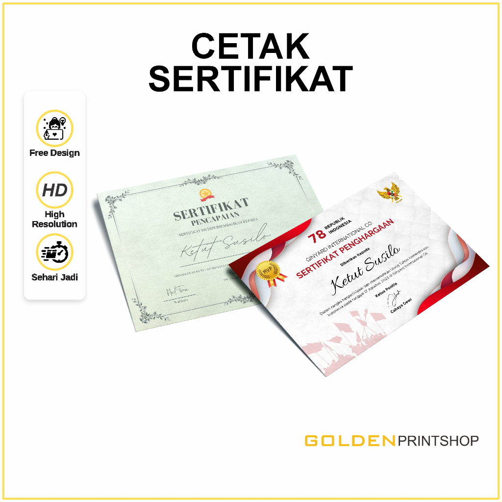

CETAK SERTIFIKAT | PRINT PIAGAM | PENGHARGAAN CUSTOM FREE DESAIN