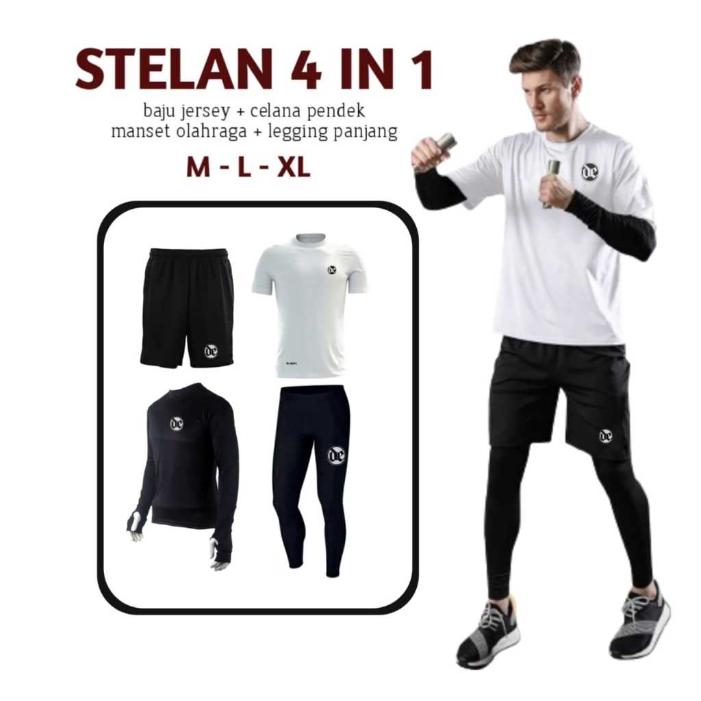 DE - 4IN1 BAJU JERSEY CELANA PENDEK OLAHRAGA PRIA MANSET BASELAYER LEGING OLAHRAGA FUTSAL SEPAK BOLA