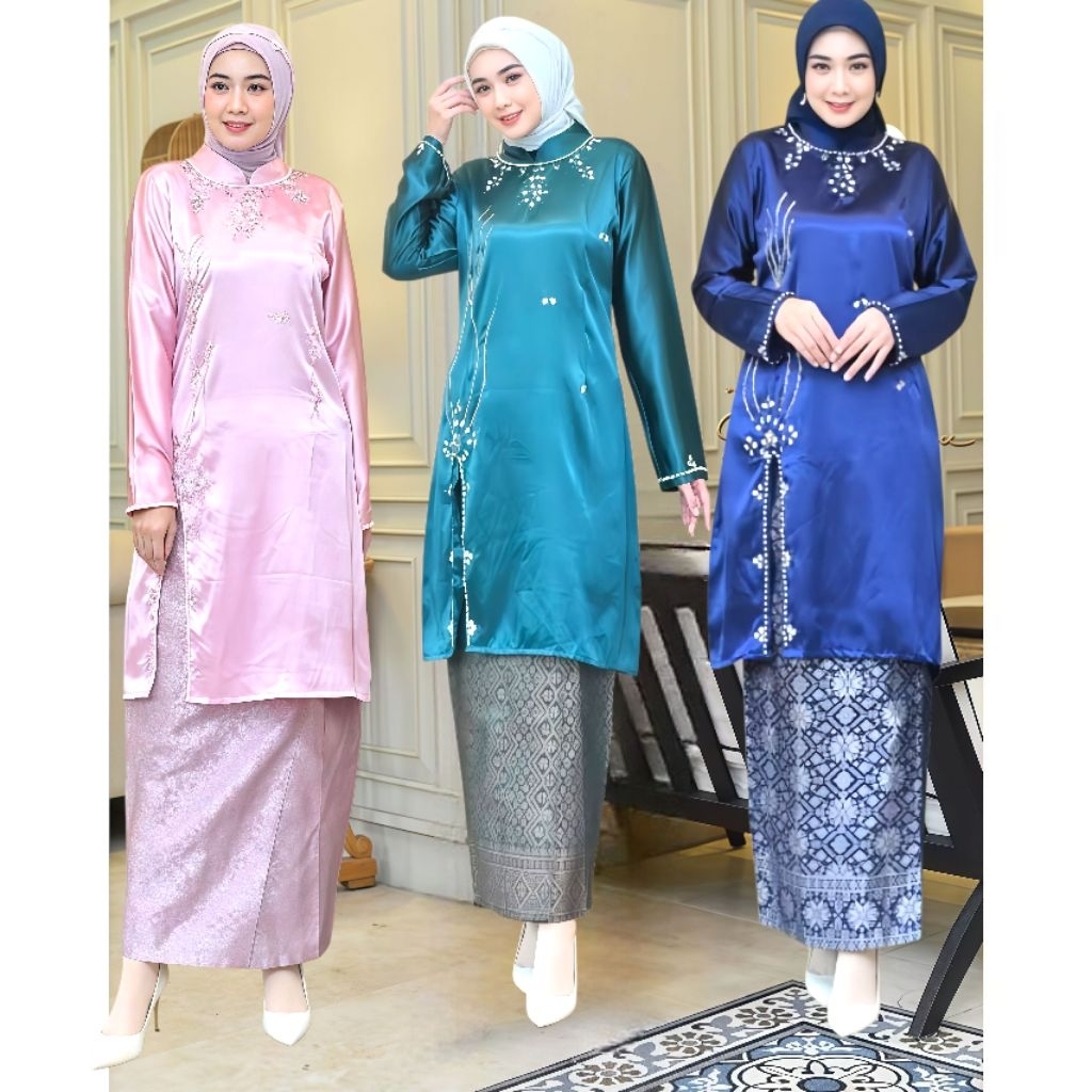 Set Kebaya Melayu Payet Samping Bahan Satin Bridal Kombinasi Rok Songket Span//Kebaya Mewah//Kebaya 