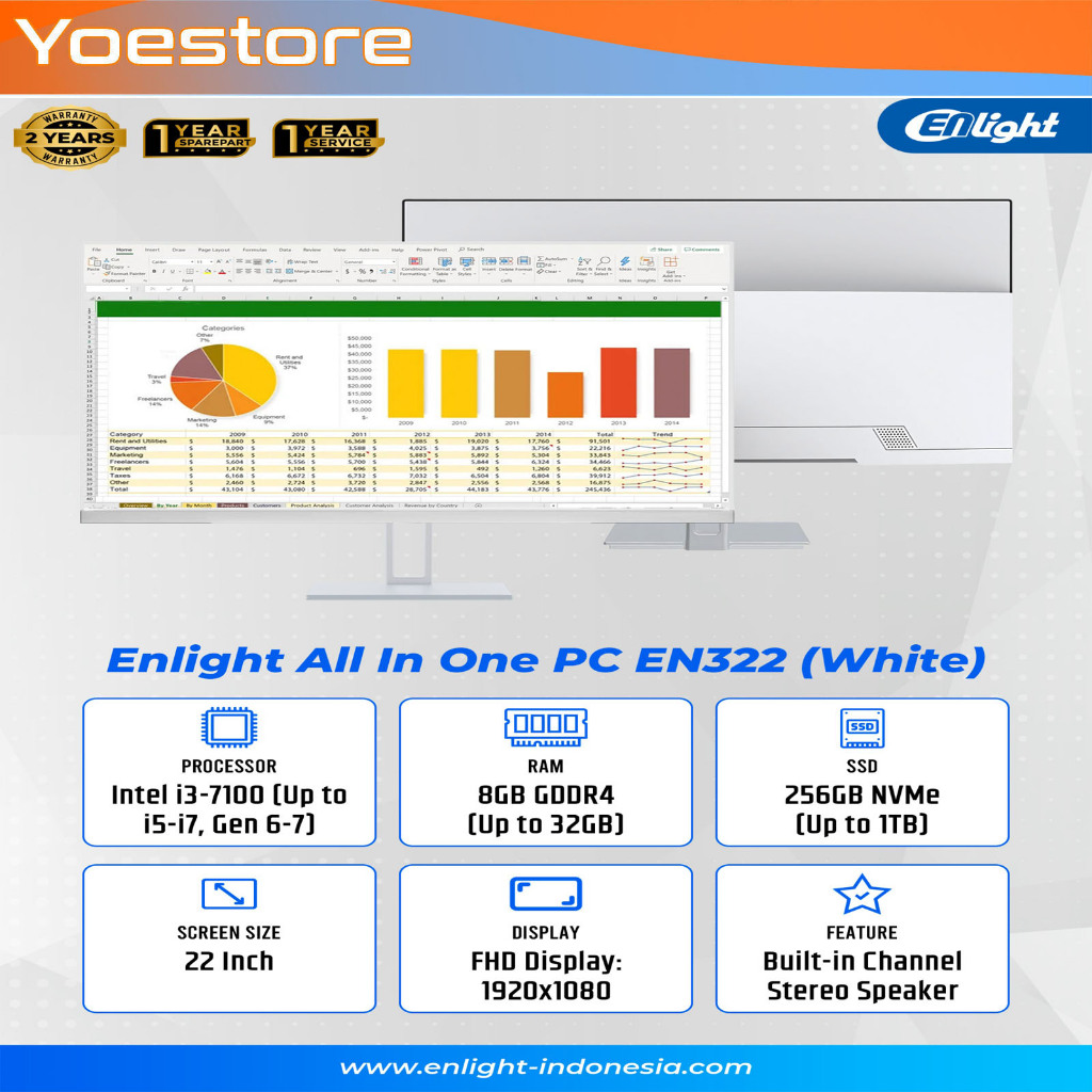 ALL IN ONE PC ENLIGHT EN322 Intel I3 GEN 7 22" | 256GB | 8GB WINDOWS 11 PRO