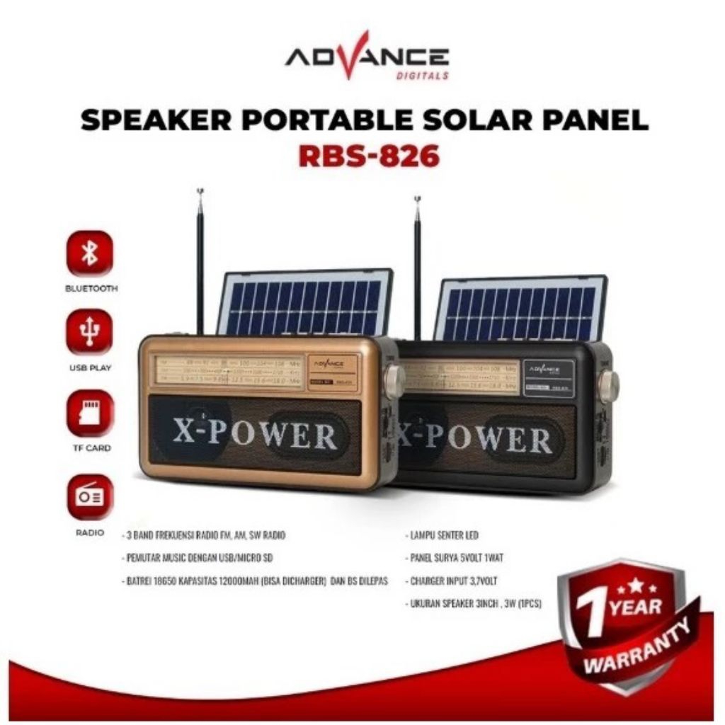 Advance RBS 826 Speaker Radio Bluetooth Panel Surya Charger Matahari