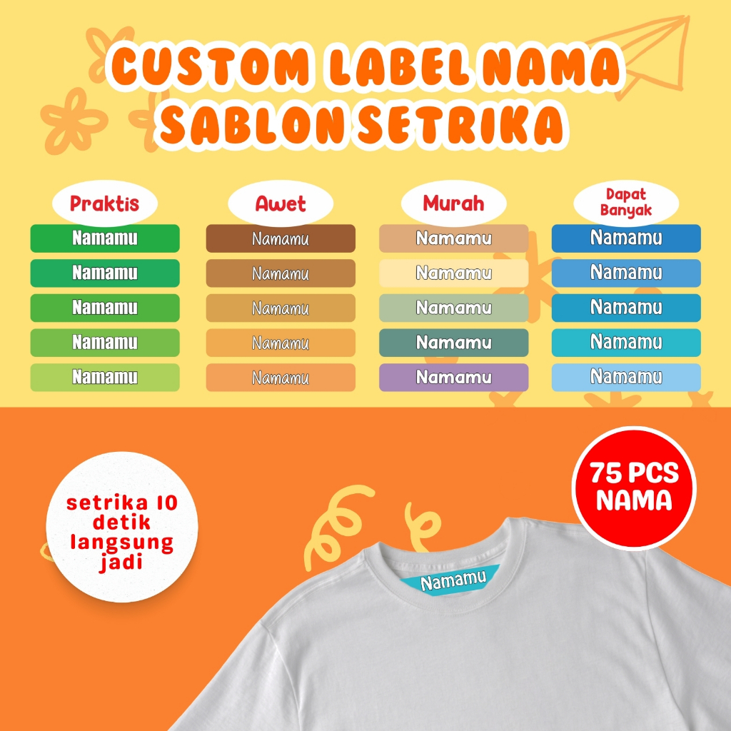 

Label Nama Baju Kain 75PCS Sablon Setrika Sehari Jadi Sticker DTF Stiker Printing Anti Luntur Custom