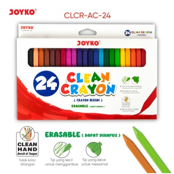 

CLEAN CRAYON BISA DIHAPUS (CRAYON BERSIH) | ERASEABLE (DAPAT DIHAPUS) | 24 WARNA JOYKO
