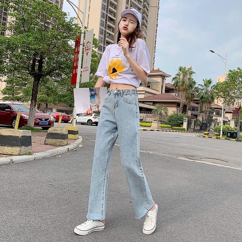 Celana Jeans Pinggang Tinggi Celana Kaki Lebar Longgar Wanita Tersedia dalam Dua Warna Bahan Nyaman 