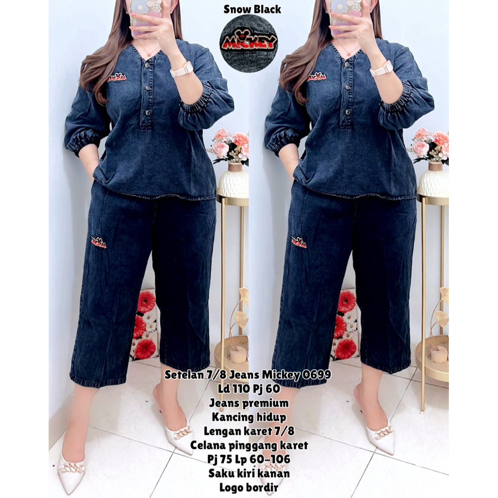 0699 SETELAN JEANS 7/8 V NECK KANCING BORDIR MICKEY LD110 WANITA|SETELAN SANTAI|SETELAN DENIM|ONE SE