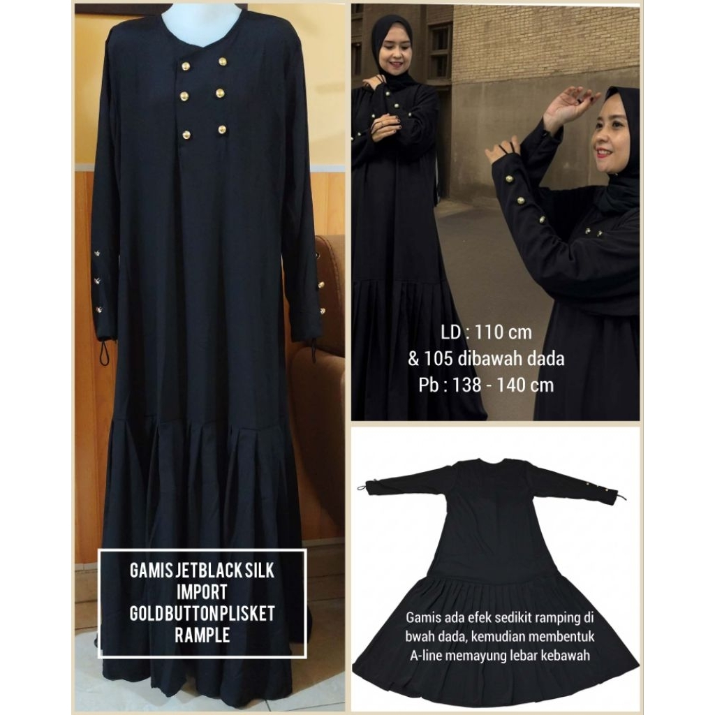 Gamis Jetblack Silk Import Gold Button Remple Plisket