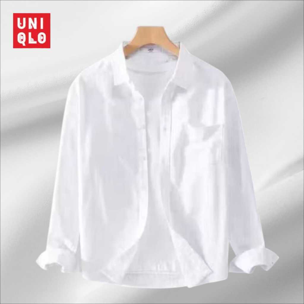Kemeja Pria UNIQLO Polos baju kemeja Lengan Panjang Kemeja Cowok Hitam Kemeja Pria Panjang Polos