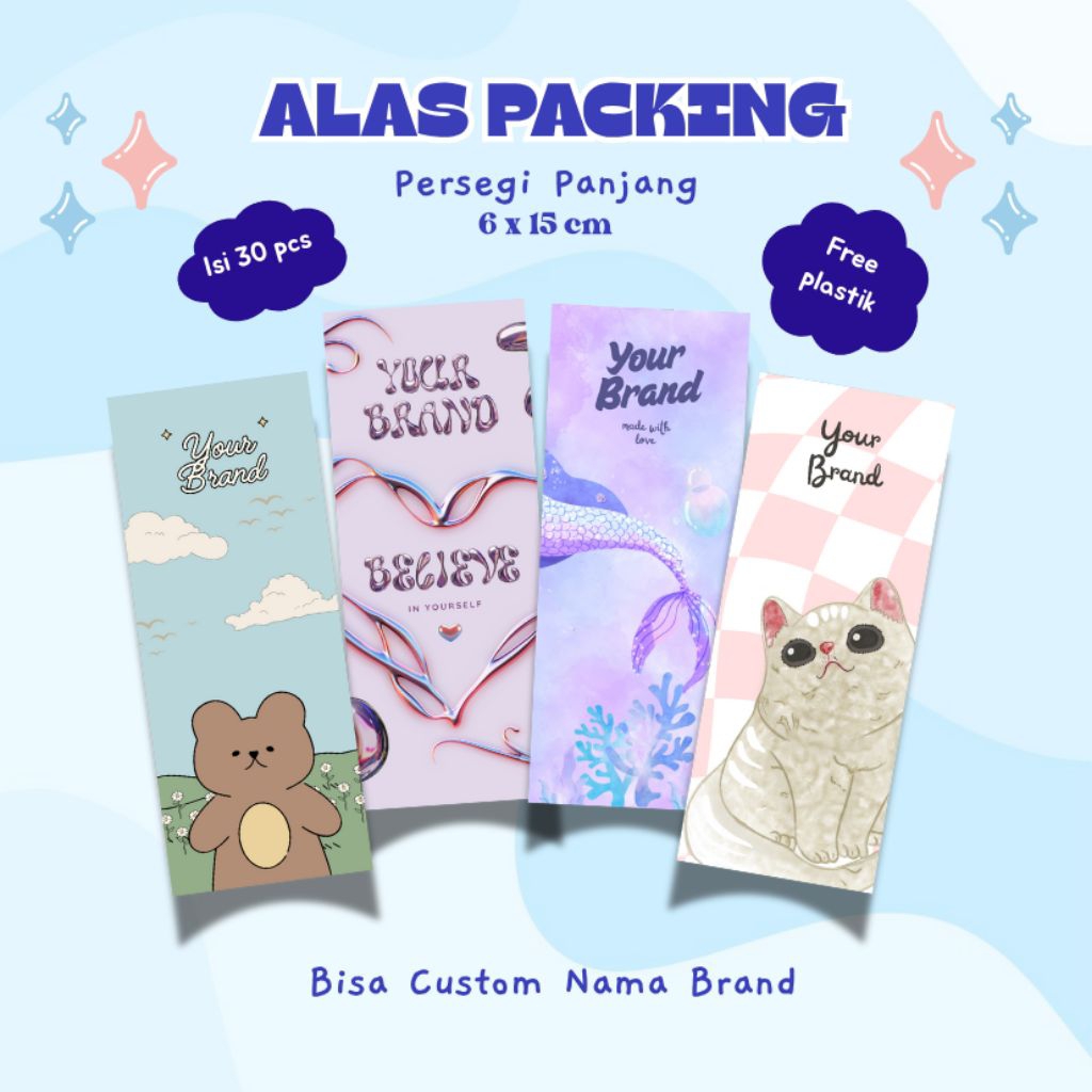 

Alas Packing 6x15 cm isi 30 FREE PLASTIK | Kertas Alas Packaging Produk Aksesoris Strap Phone Gantungan Kunci Bisa Custom