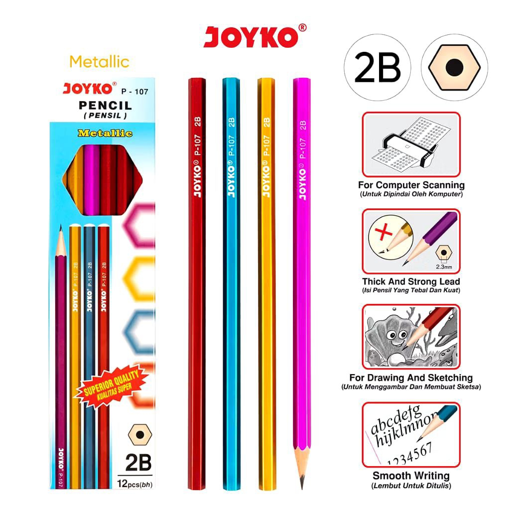 

Pensil Joyko 2B P-107 Metallic kualitas super (1Box)