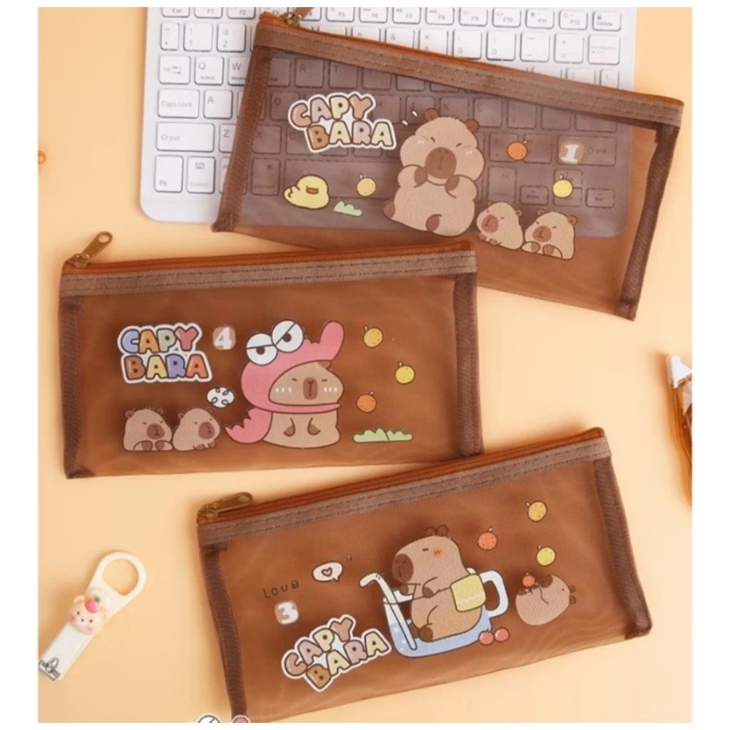 Pouch Jaring Pensil / Tempat Pensil Jaring Transparan Brown Capybara / Pouch Makeup Serbaguna