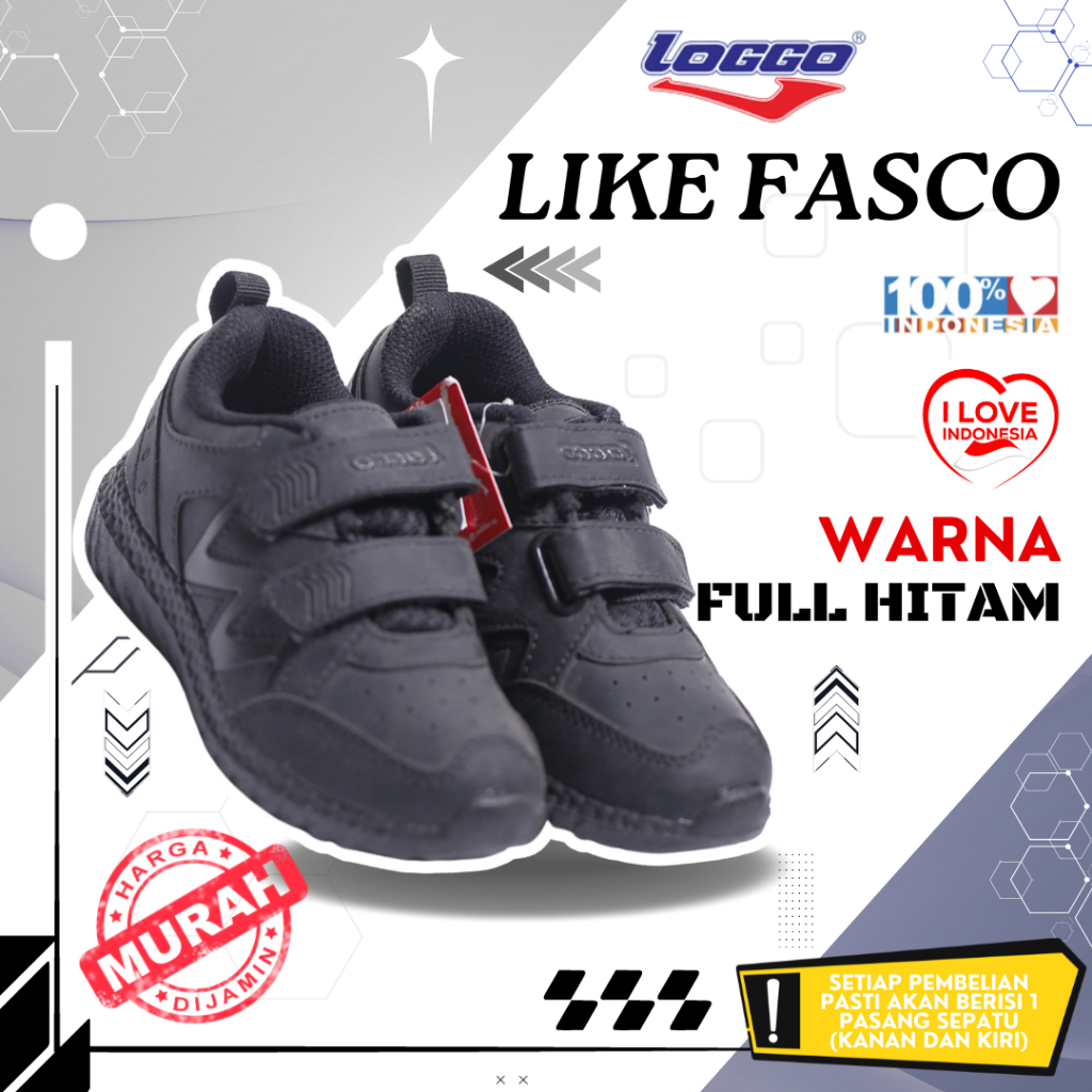 LOGGO Like Fasco Sepatu Sekolah Pria/Anak Laki - Laki & Perempuan Origina Sneakers Full Hitam