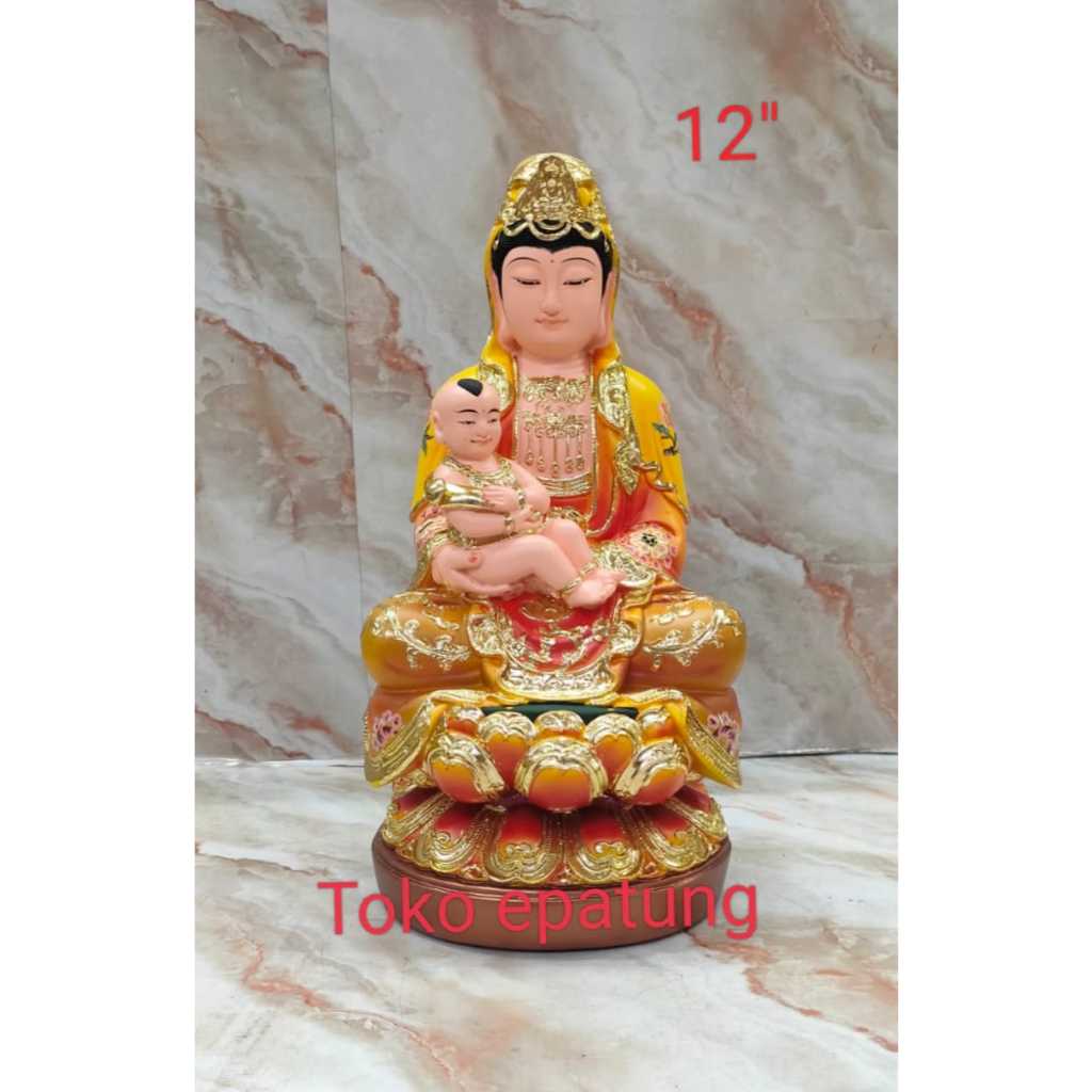 patung dewi kwan im / kwan in / guan yin anak - fiber 12 inch - l