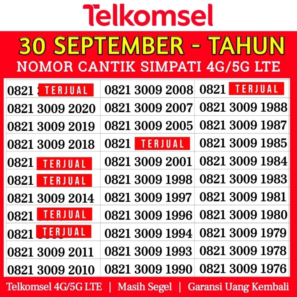 Nomor Cantik Telkomsel SIMPATI 4G LTE Tahun Lahir 3009 30 09 September