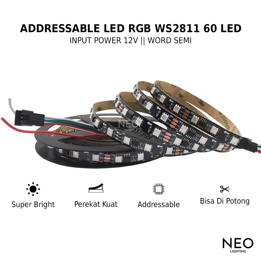 Neo LED Strip Addressable Ws2811 60 LED 12V WS2811 Original Wordsemi PCB Tebal Black
