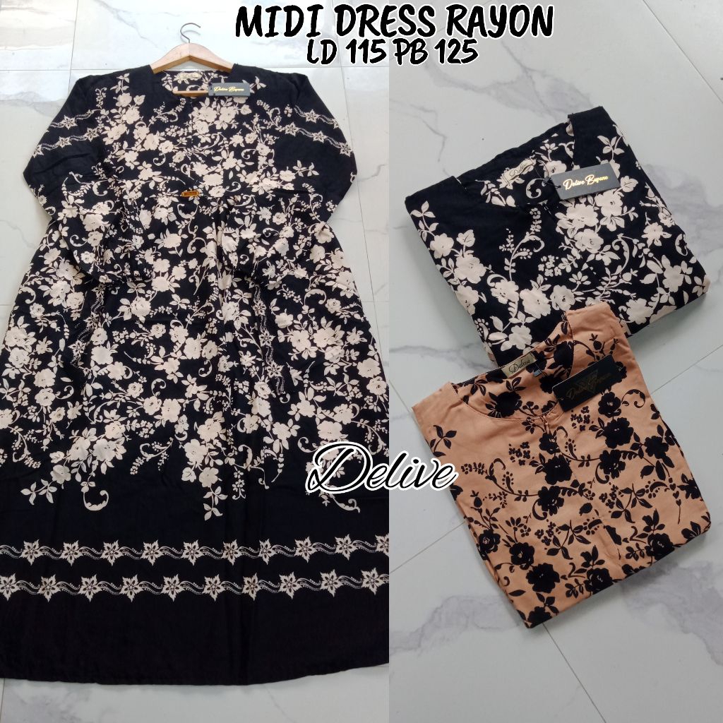 Midi dress rayon motif hitam || Midi dress rayon motif bunga||Midi dress dewasa