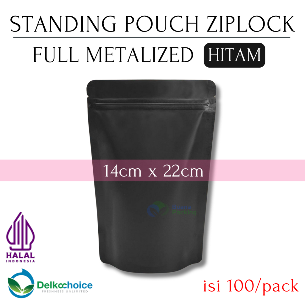 DELKOCHOICE STANDING POUCH FULL METALIZED HITAM 14x22