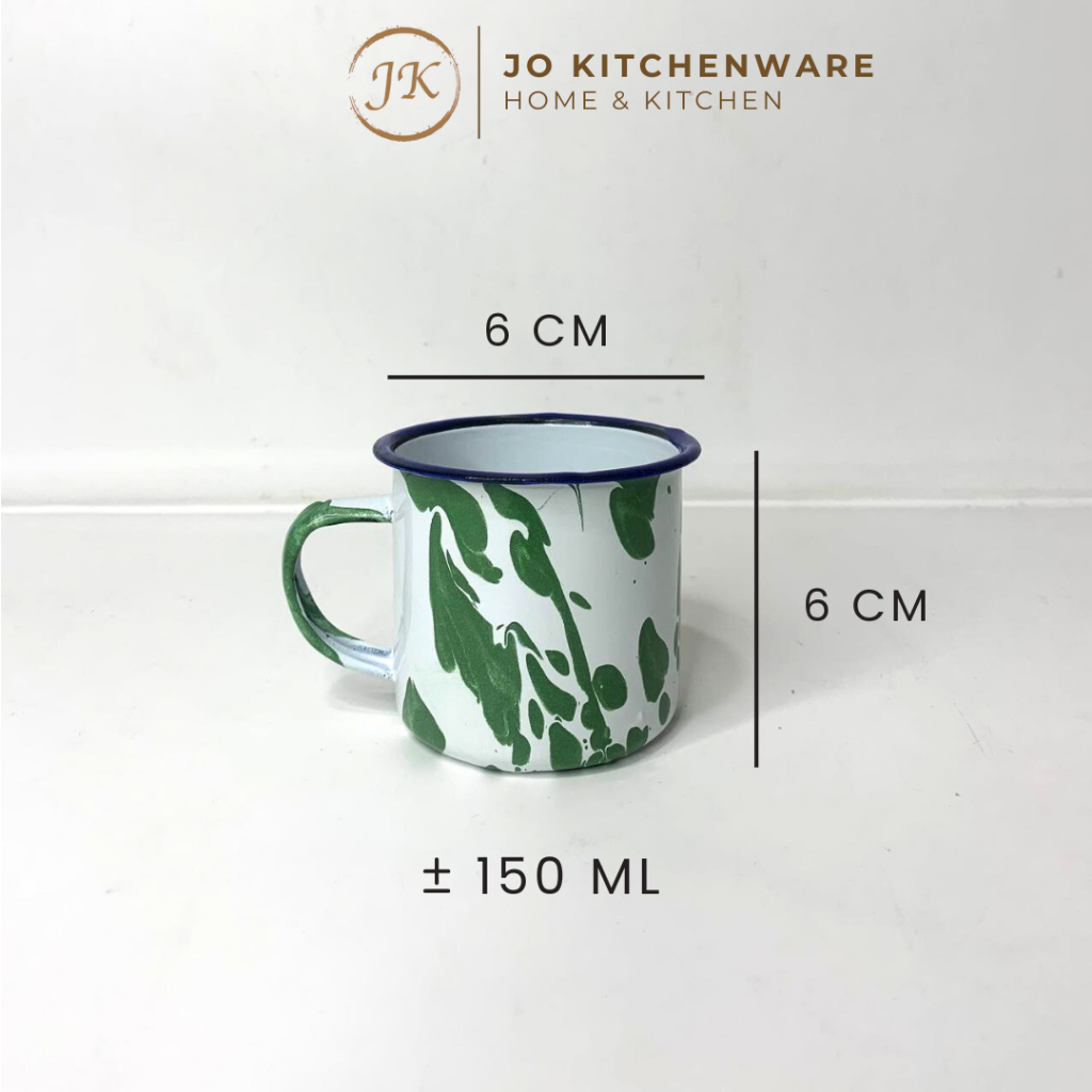 SET 6 PCS Piring Mug Enamel Motif Blirik Hijau / Enamel Jadul Vintage