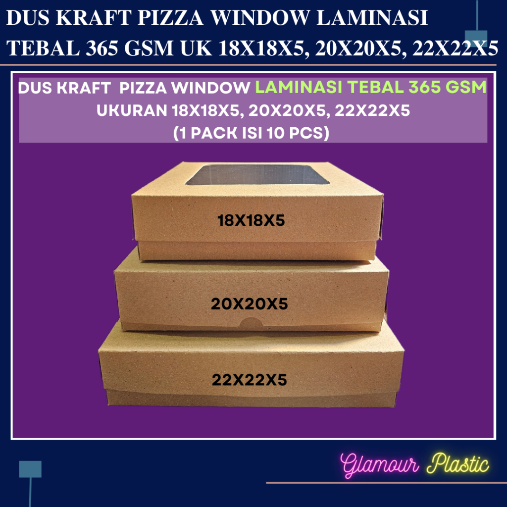 

Dus Pizza Kraft LAMINASI TEBAL 365 GSM ukuran 18X18X5, 20X20X5, 22X22X5 (1 PACK ISI 10 PCS)/DUS PIZZA/DUS KRAFT