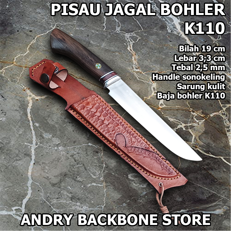 Pisau Jagal Dapur Baja Bohler K110 - Gagang Kayu Sonokeling + Sarung Kulit