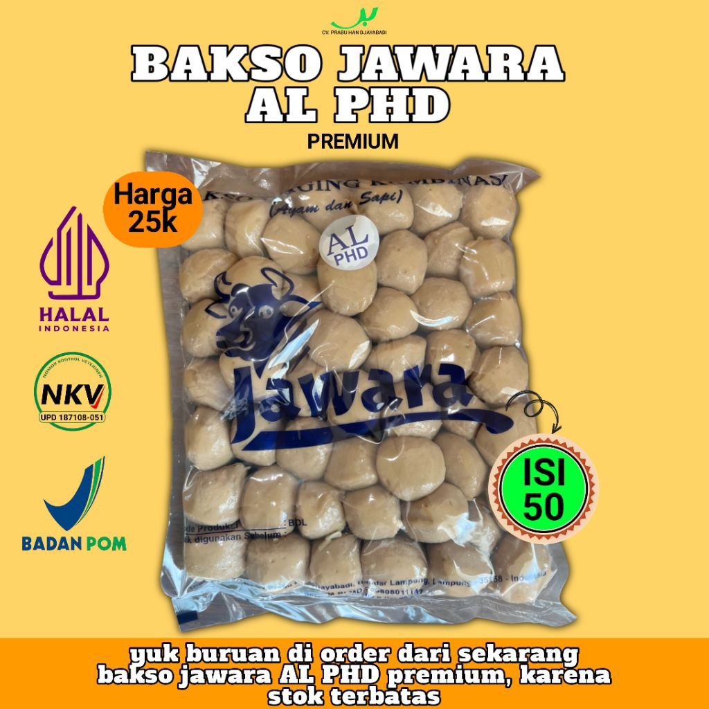 

Bakso Jawara AL PHD Premium Isi 50 - Bakso Urat Sapi & Ayam Halal BPOM
