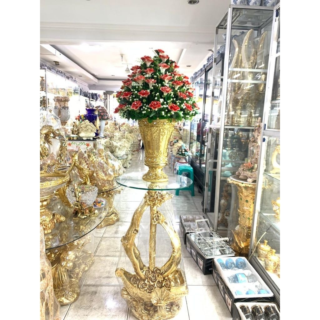 Meja Perahu Resin Gold dan Rangkaian Bunga Keramik Vas Gold 1268 - GRATIS Packing Kayu