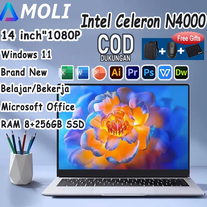 AMOLI「2025 Terbaru」Laptop Intel Celeron N4000 RAM 8GB + 256GB SSD Window 11 Pro office gaming laptop