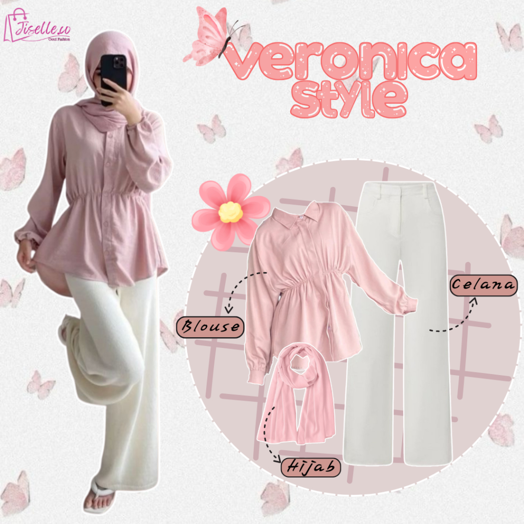 Veronica Style(Blouse Kerut Perut,Celana Scuba,Pashmina Ceruty)Ide Outfit Coquette Kekinian JC3N