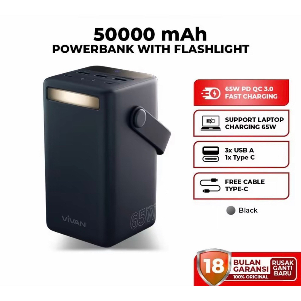 POWER BANK VIVAN PD 65watt KAPASITAS 50000MAH VPB - B50 (Bisa untuk charger laptop) Real Capacity
