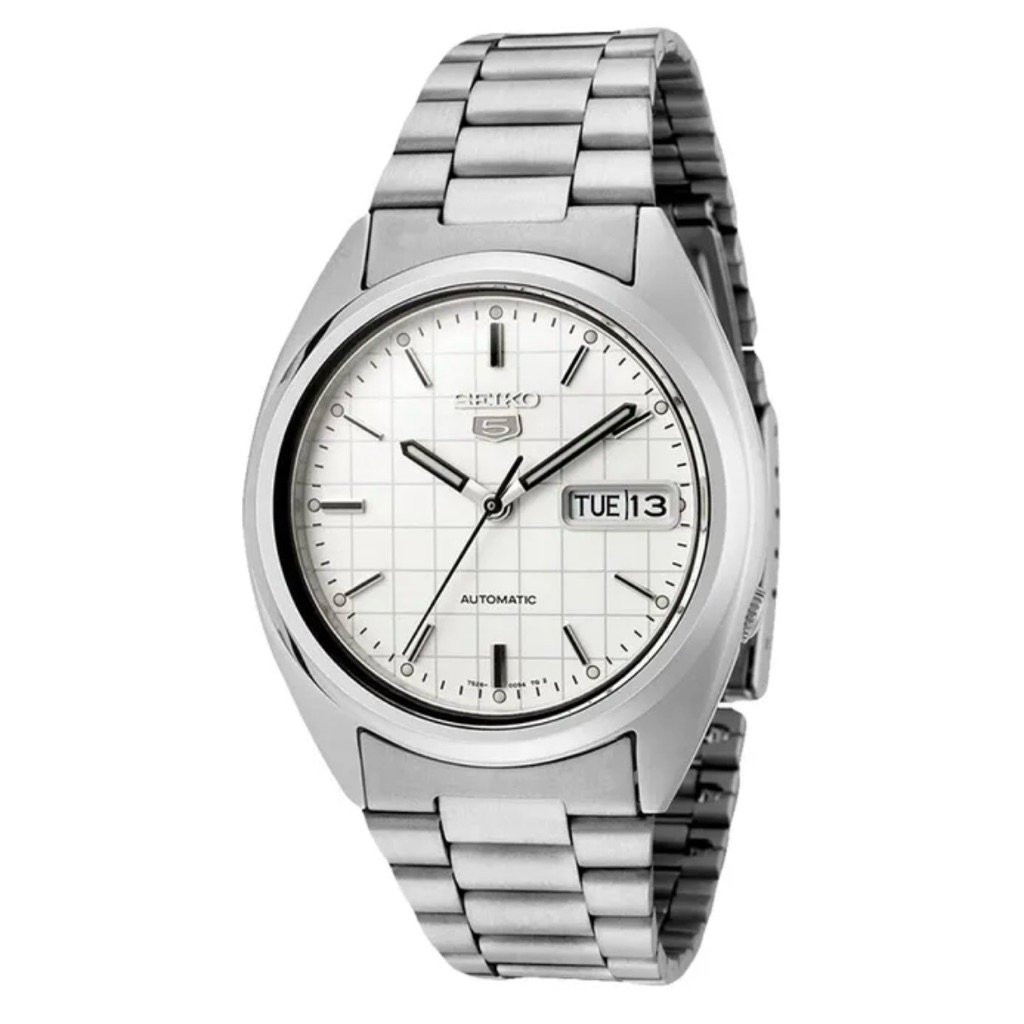 Jam Tangan Pria Seiko 5 SNXF05K1 Automatic White Dial Stainless Steel Day Date Original | Seiko 5 SN