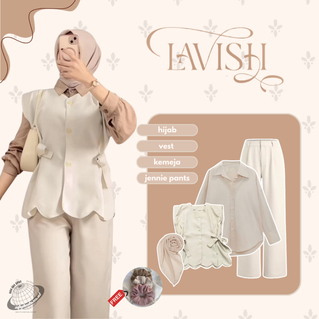 Outfit Set Cheris 3in1 Gift (Kemeja Polos + Cheris Vest + Celana Loose Pants Kulot Knit + Bella Squa