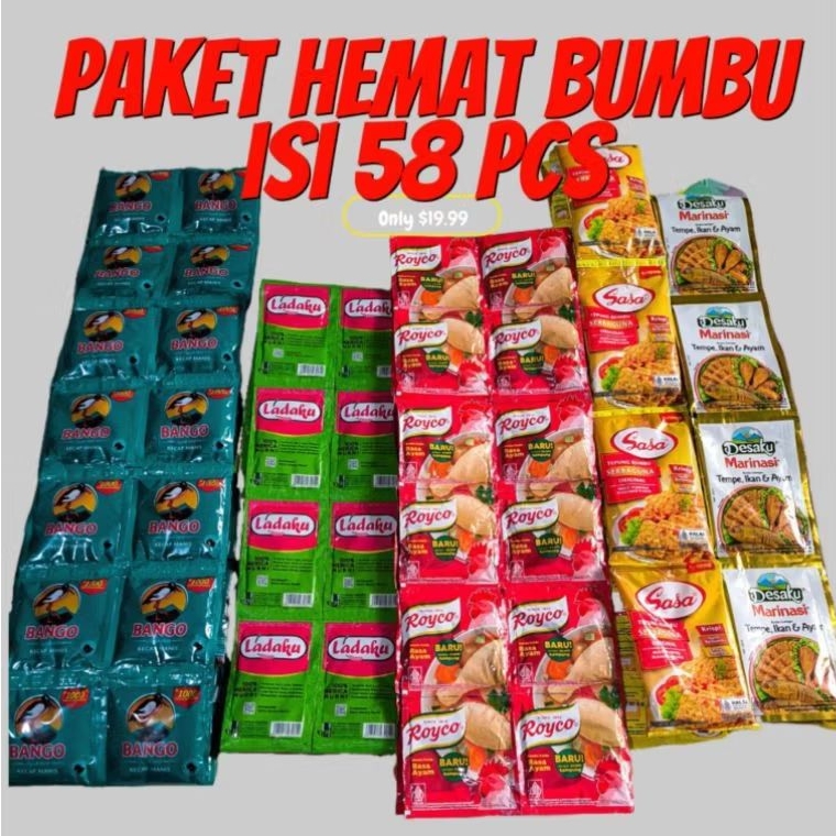 

[ 58Pcs ] Paket Bumbu Masak Marinasi 12+lada 12+royco 12+ kecap 12pcs+tepung sasa 12pcs Royco Ayam/Sapi