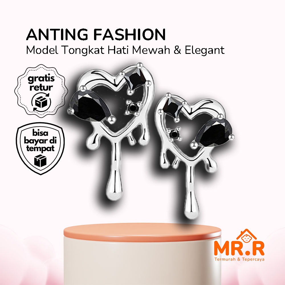 Anting Berlian Hitam Bentuk Hati Anting Korea Mewah Model Hati Aksesoris Wanita Korean Style Tongkat