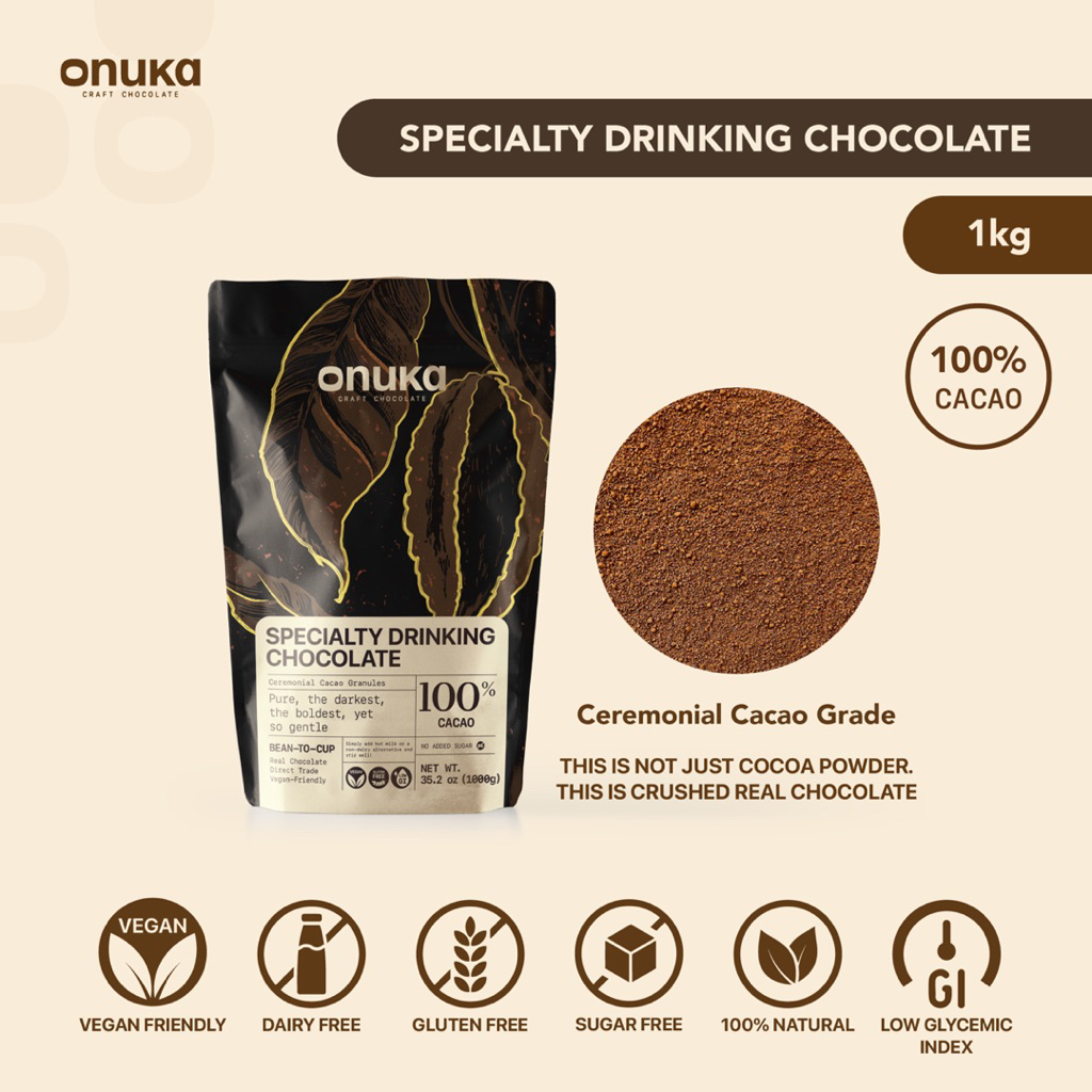 

Onuka 100% Dark Specialty Drinking Chocolate 1kg / Sugar Free / Minuman Coklat Bebas Gula / Coklat Sehat / Diet Keto